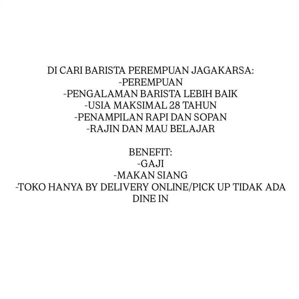 LOWONGAN BARISTA JAGAKARSA
