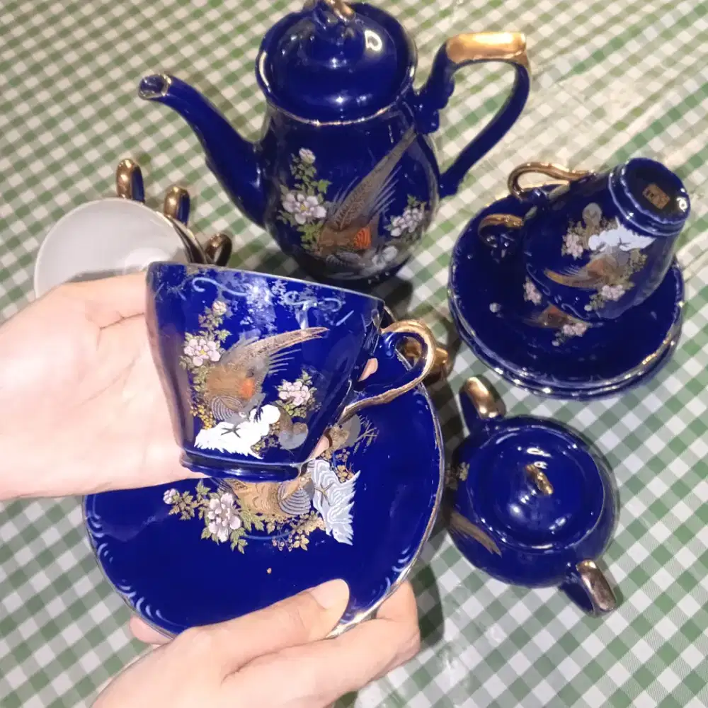 Cangkir tea set burung blue cobalt