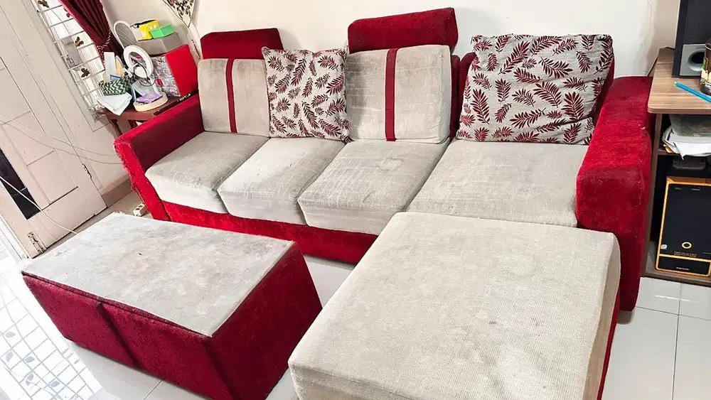 Sofa L plus meja laci serbaguna