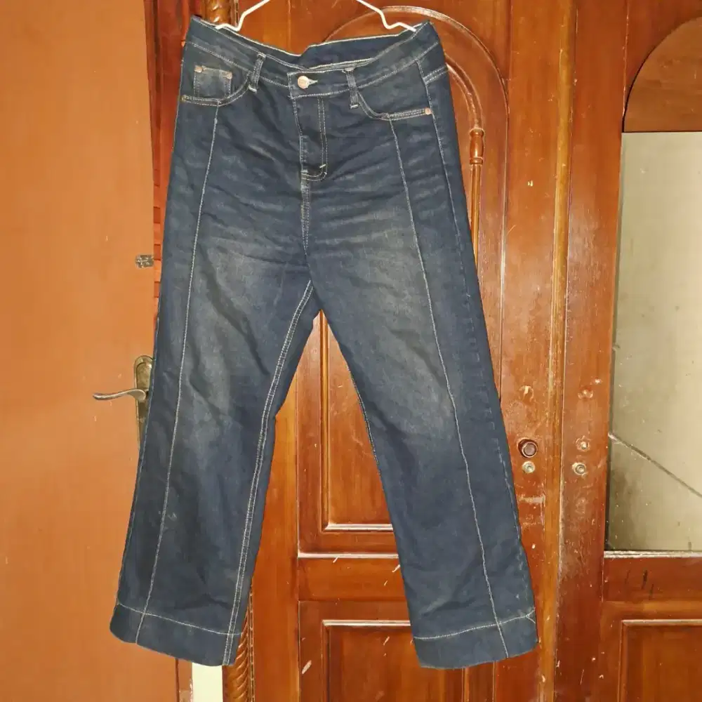 Celana highwaist loose jeans wanita kulot garis lipat lebar straight