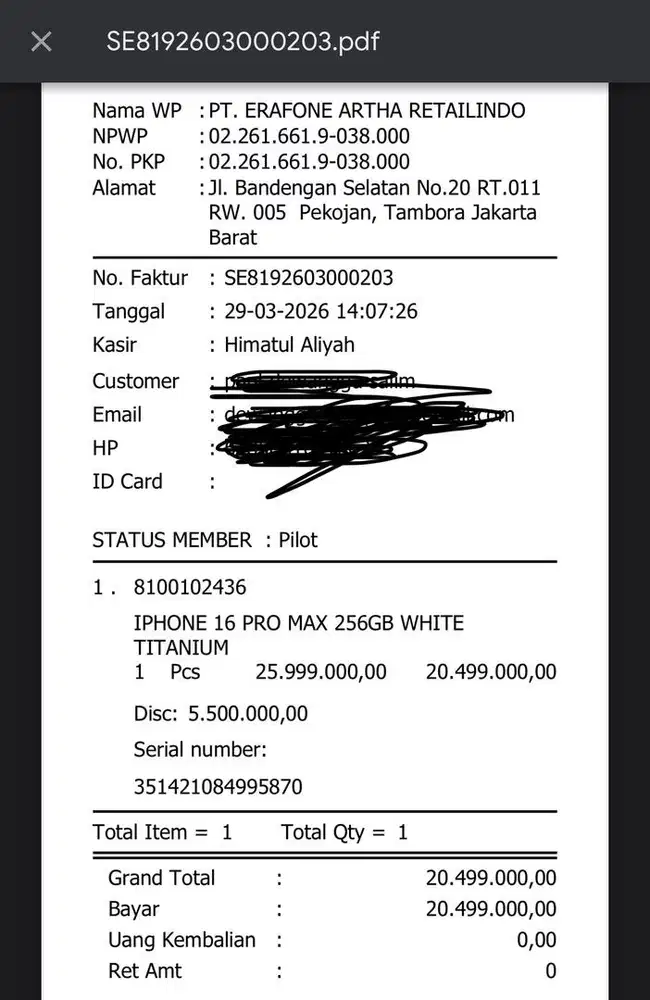 Iphone 16promax white 256gb erafone