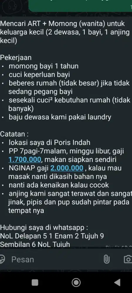 Lowongan Momong+ART Khusus Hari Ini