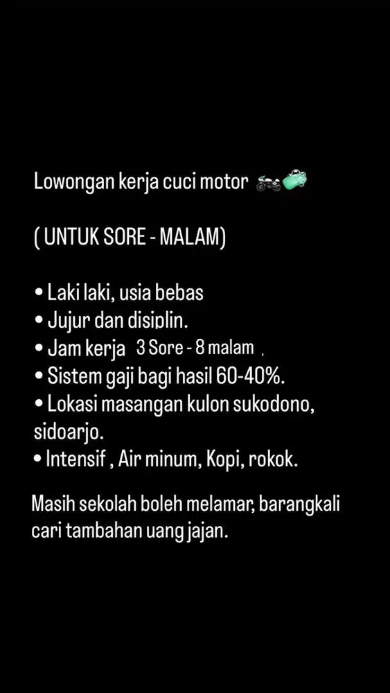 Lowongan kerja cuci motor & mobil