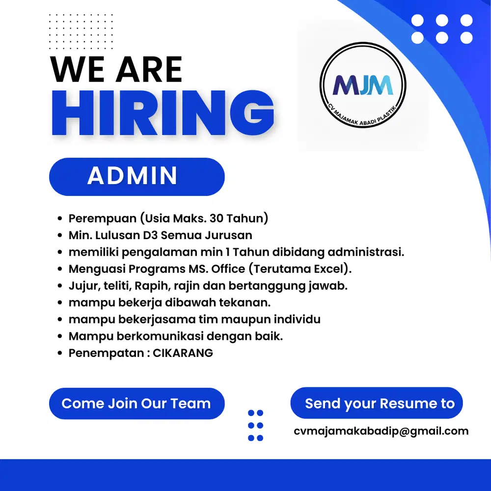 LOKER ADMIN CV. MAJAMAK ABADI PLASTIK