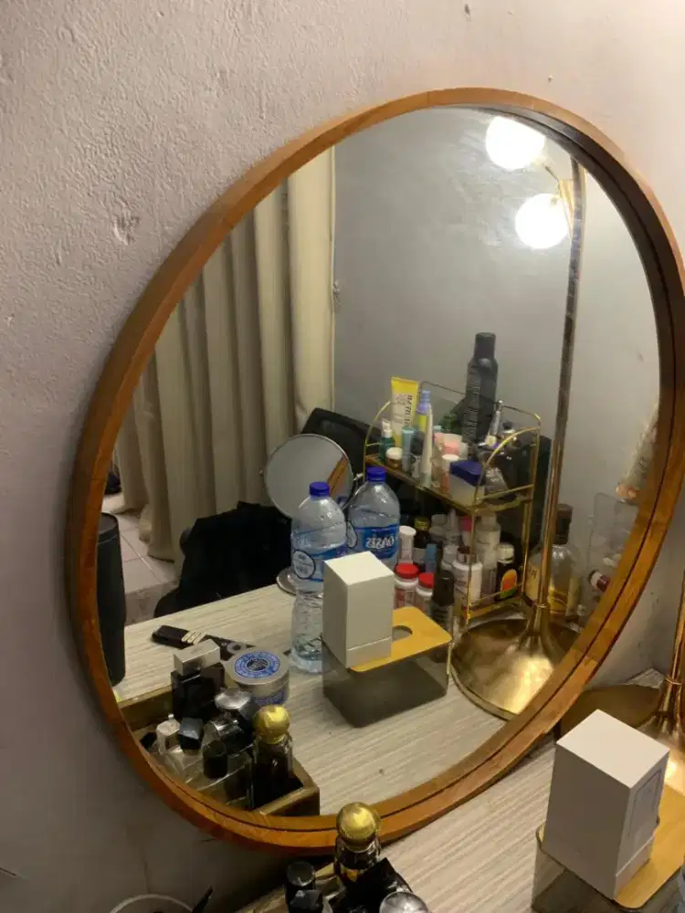 Cermin besar bulat estetik frame kayu tebal diameter 100