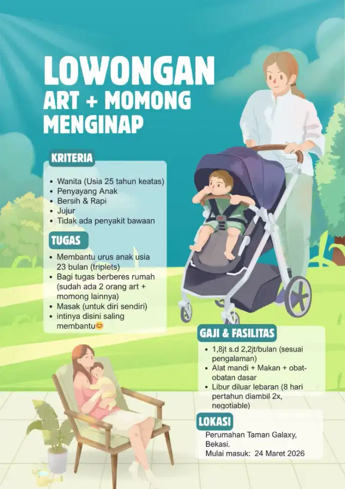 Dicari ART Momong (gaji 1.8 - 2.2 jt)