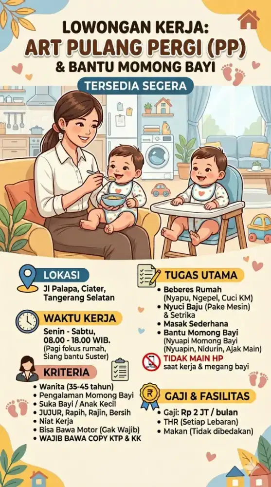 Dibutuhkan art pulang pergi dan bantu momong bayi di ciater tangsel
