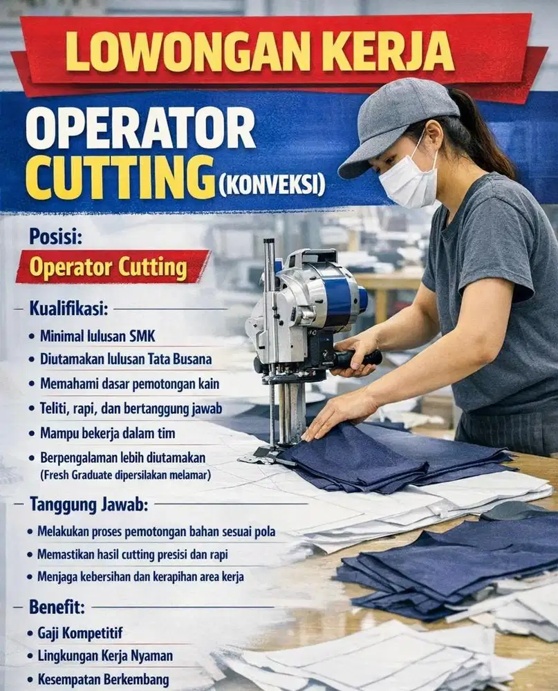 Dibutuhkan operator Cutting konveksi Satuan dan Borongan