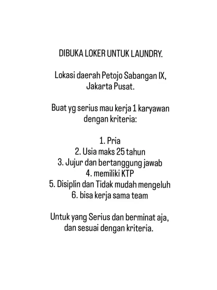 DICARI PEKERJA GOSOK PACKING LAUNDRY