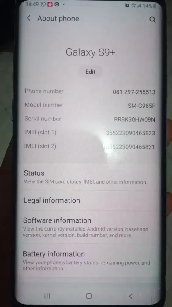 Samsung S9 Plus sein resmi 6/64 GK ad minus orian semua BS TT
