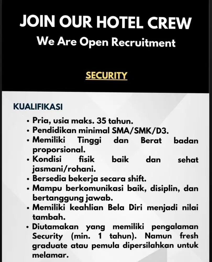 Dibutuhkan Segera Security Hotel