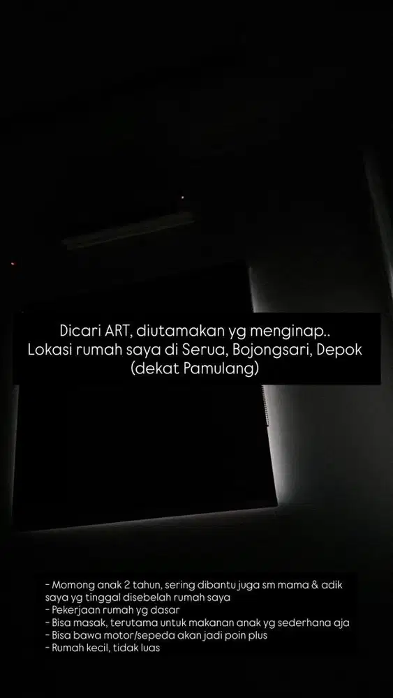 Dicari ART, diutamakan yg menginap