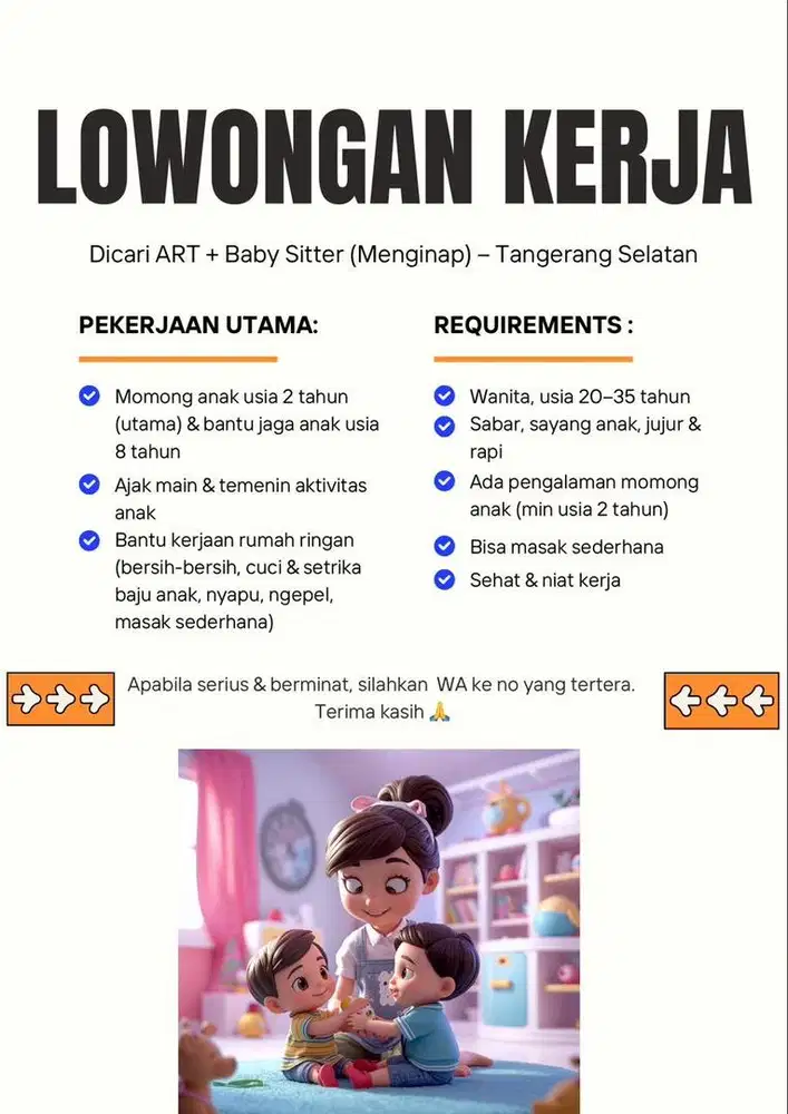 Dicari ART + Baby Sitter (Menginap) – Pamulang Tangsel