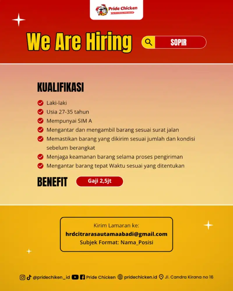 DIBUTUHKAN DRIVER PRODUKSI (BANDUNG)