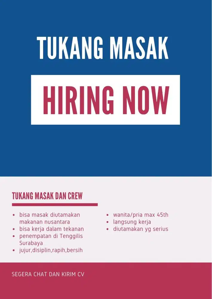 DICARI SEGERA TUKANG MASAK