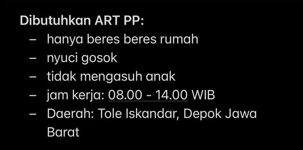 Dibutuhkan ART PP Depok Tole Iskandar