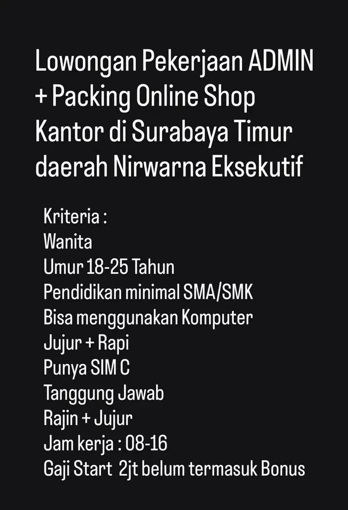Lowongan Admin+Packing Toko Online