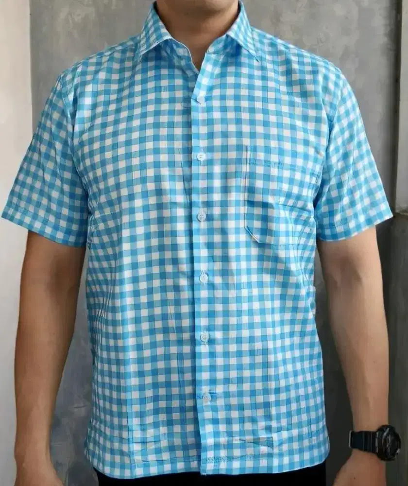 Jual hem lengan pendek, motif kotak kotak, merek Salice Paolo.