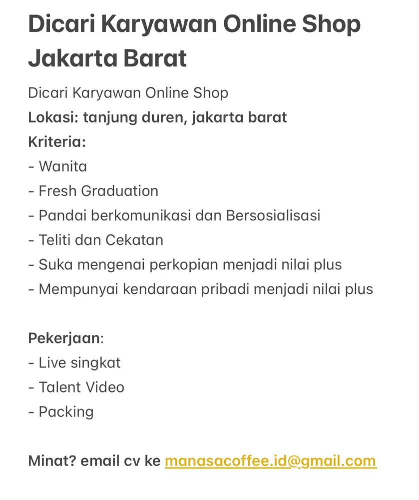 Dicari Karyawan Online Shop Jakarta Barat