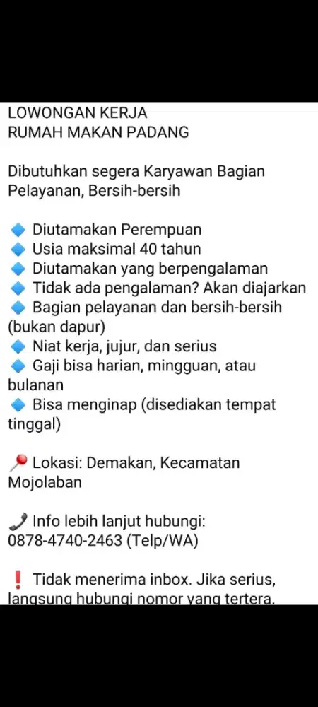 Lowongan rumah makan padang