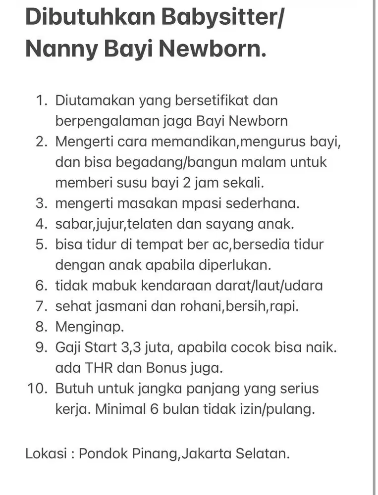 Dicari BabySitter/Nanny/ Bayi Newborn