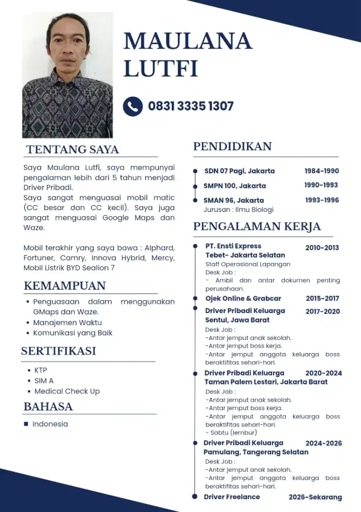 Saya mencari pekerjaan sebagai Supir Pribadi (harian,mingguan,bulanan)