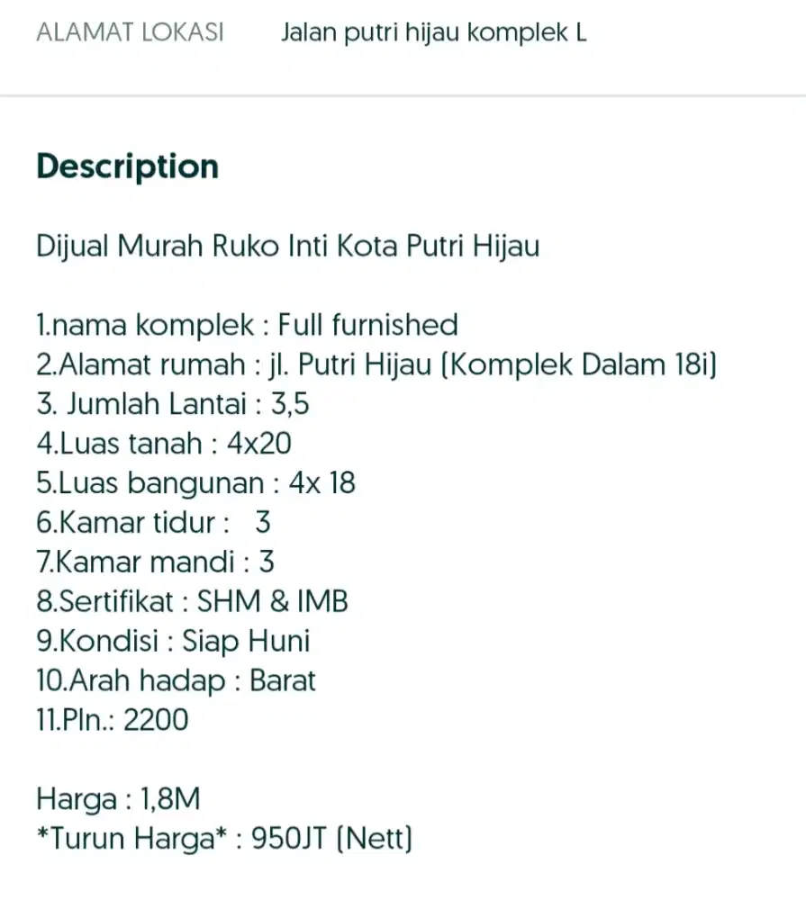 RUKO  PUTRI HIJAU MURAH