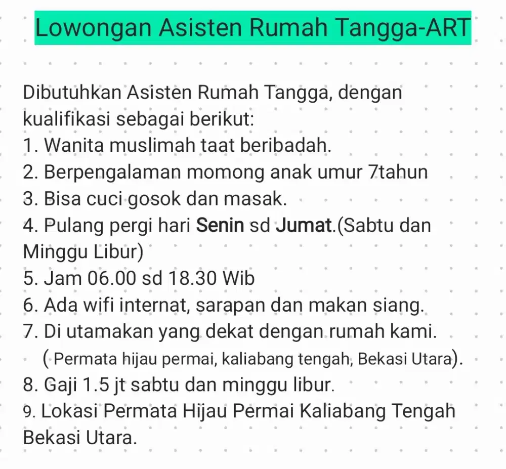 LOWONGAN ASISTEN RUMAH TANGGA - ART