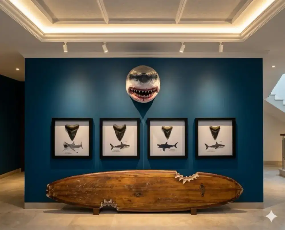 Hiasan dinding gigi hiu megalodon set in frame lawas vintage