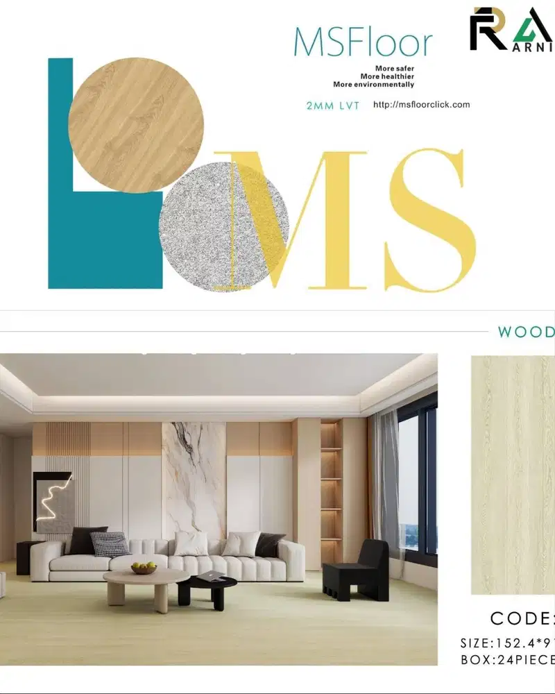 Vinyl LVT Flooring Motif Wood & Stone 2mm – Anti Air & Tahan Lama