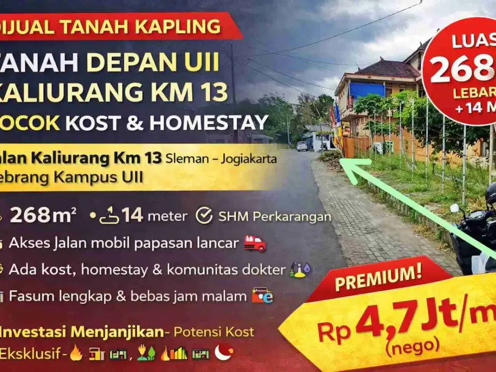 Tanah 268m² Depan UII Kaliurang Km 13 – Cocok Kost/Homestay, Akses Lebar!