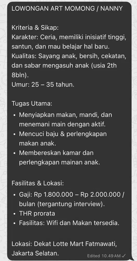 Lowongan ART Momong / Nanny