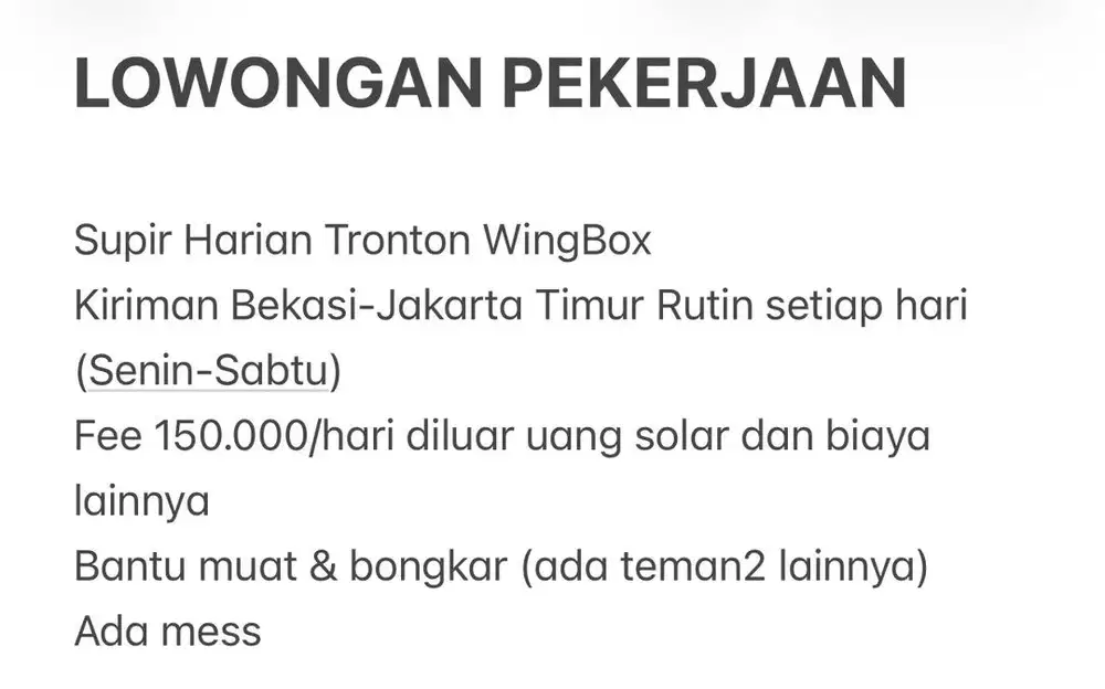 Lowongan Supir Harian WingBox Jakarta