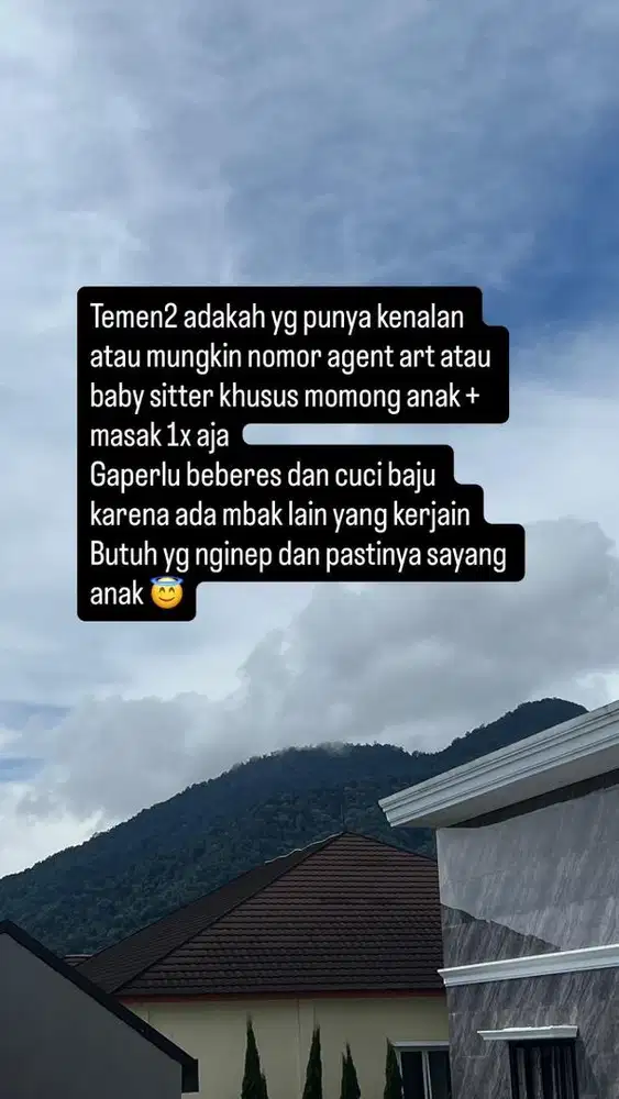 Dibutuhkan asisten rumah tangga menginap khusus jaga anak