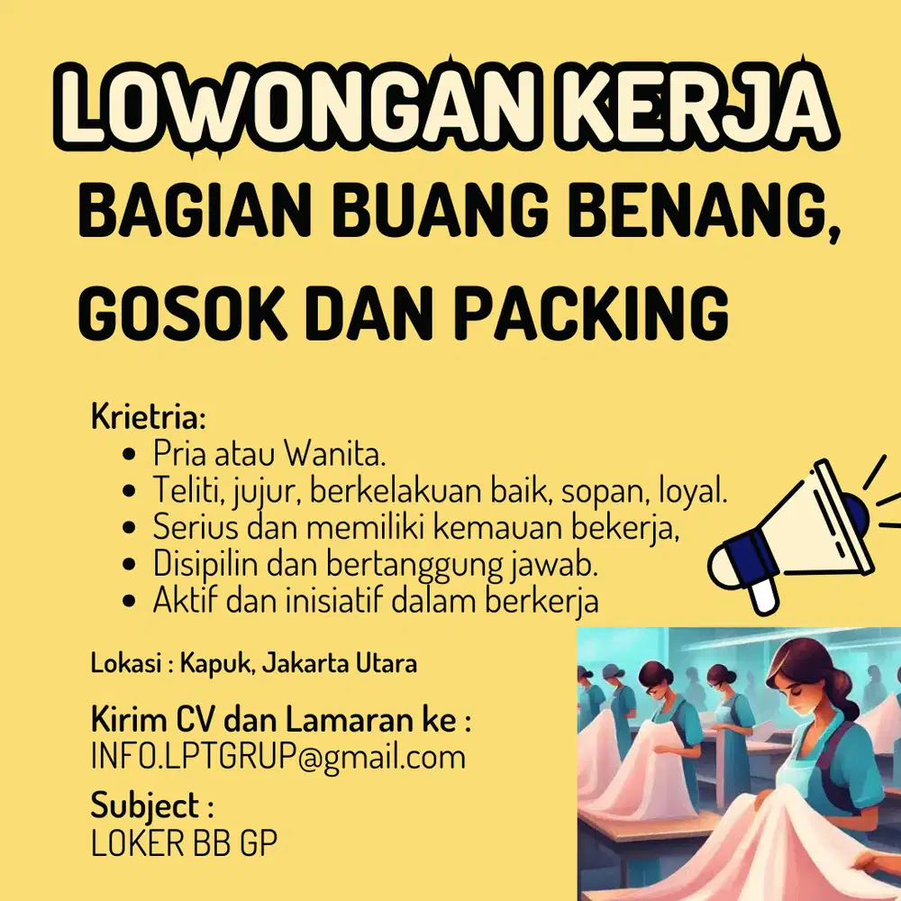 Lowongan Kerja di Pabrik Bagian Buang Benang, Gosok dan Packing