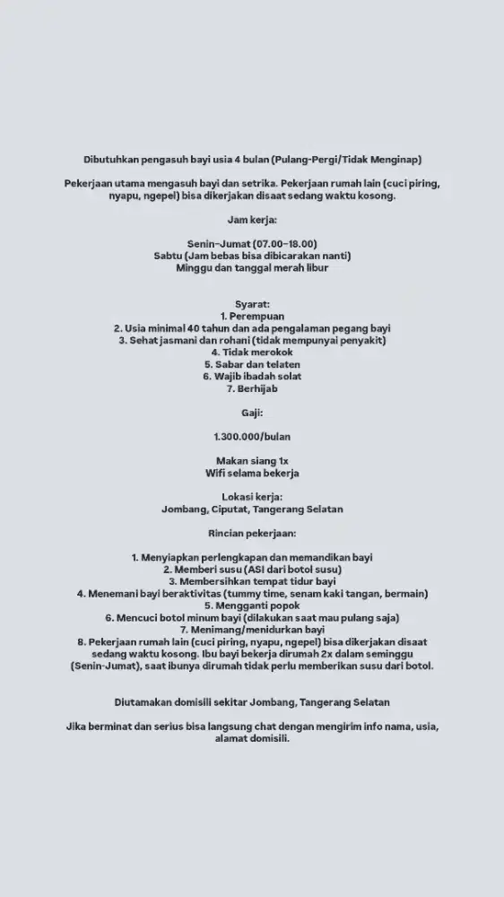 Dicari Pengasuh Bayi Jombang, Tangerang Selatan