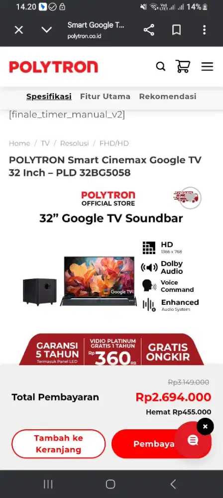 Polytron smart android tv 32 inc