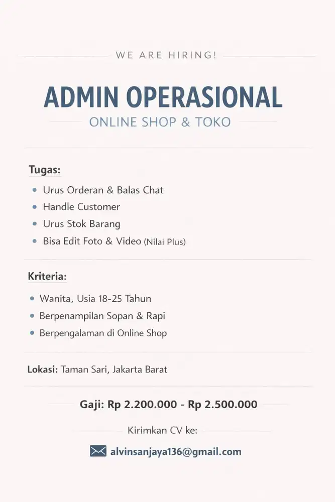 Lowongan Kerja Admin Toko dan Online Shop
