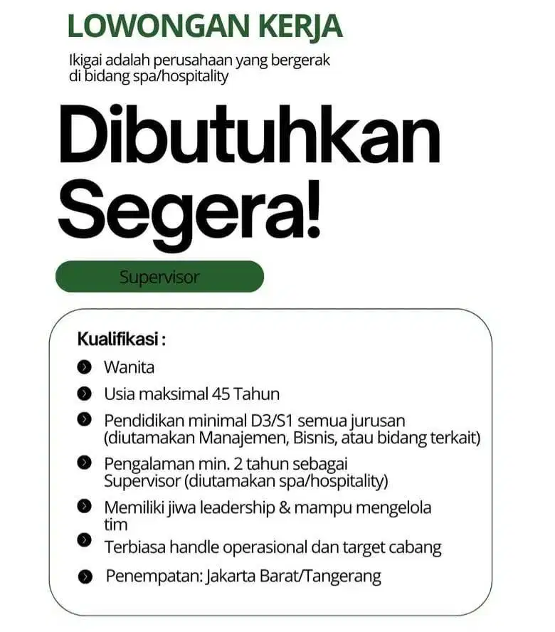 Lowongan - Supervisor - IKIGAI Refleksi JaBoDeTaBek