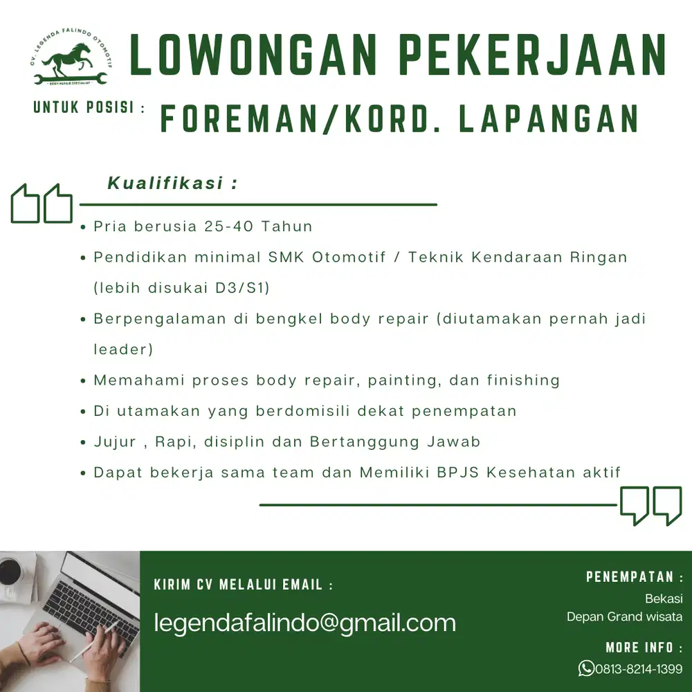 Lowongan pekerjaan untuk foreman bengkel body repair
