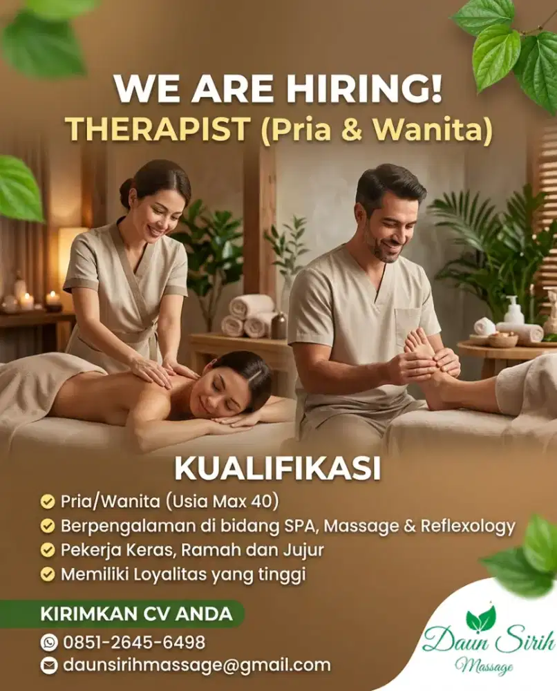 LOWONGAN THERAPIST PRIA & WANITA - Daun Sirih Massage & Reflexology