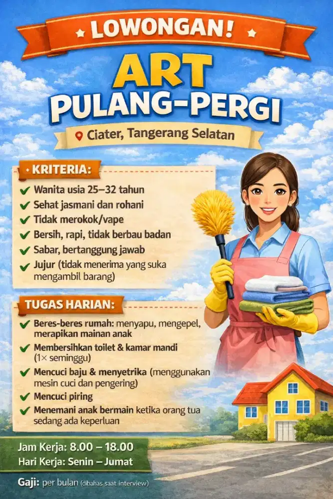 Dibutuhkan ART Pulang–Pergi di Ciater Tangsel