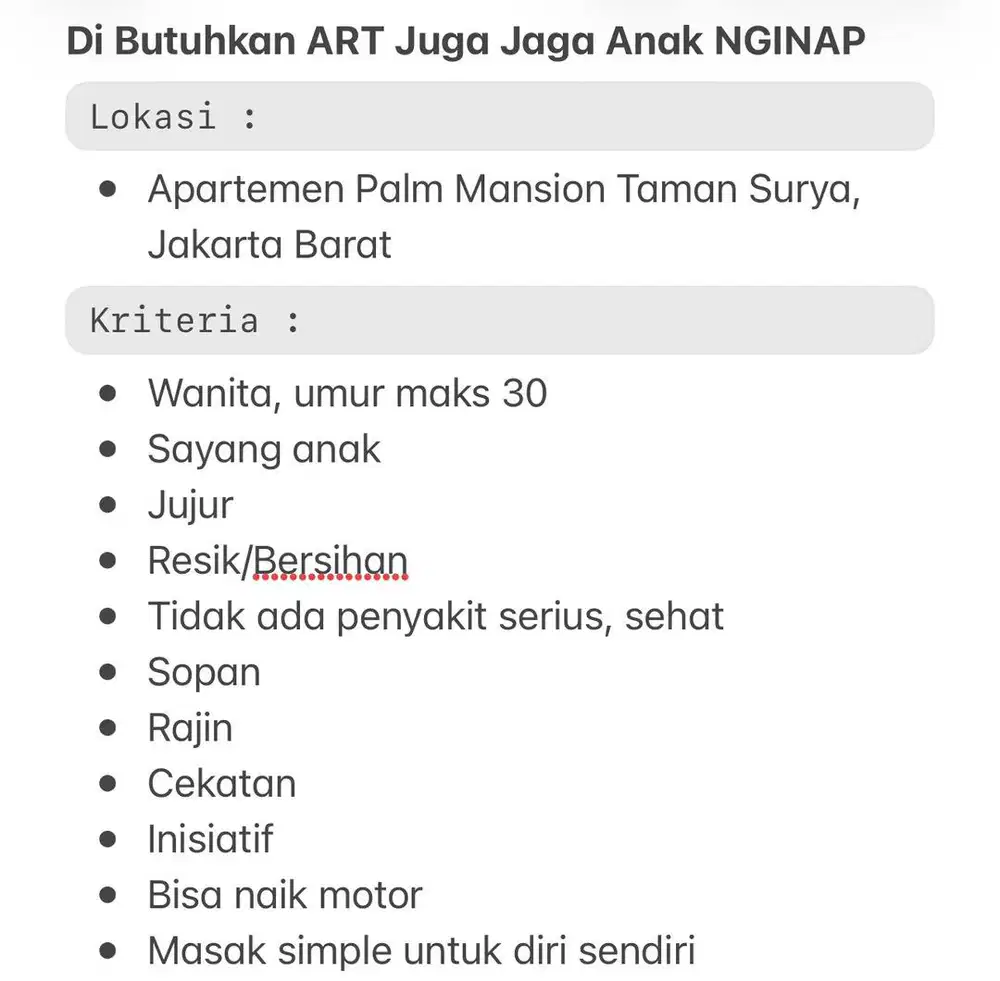 Di Butuhkan ART + Anak NGINAP