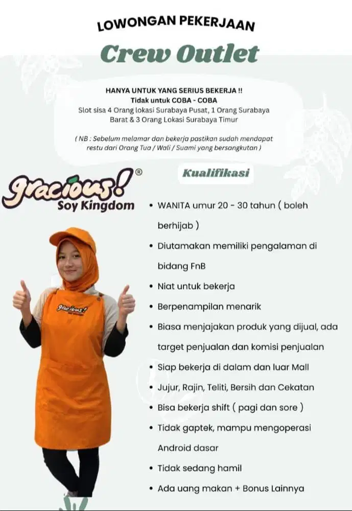 Pengelolah Stan Minuman, Wanita, Jujur, Bisa Upsale, Ada Komisi