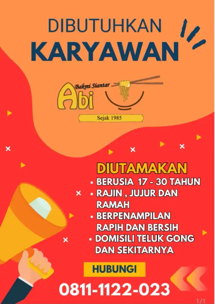 Di cari karyawan untuk bekerja di toko bakmi daerah teluk gong