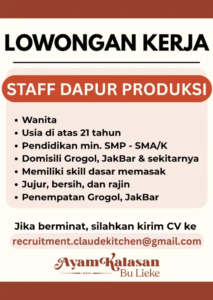 LOWONGAN STAFF DAPUR PRODUKSI