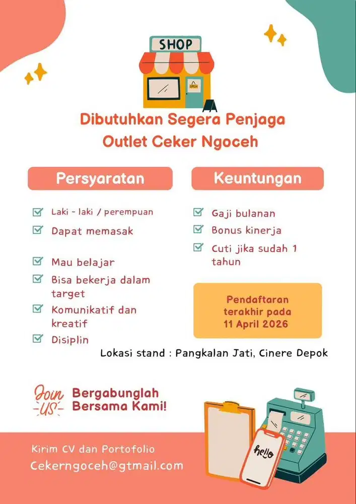 Dibutuhkan Segera Penjaga Stand Ceker Ngoceh