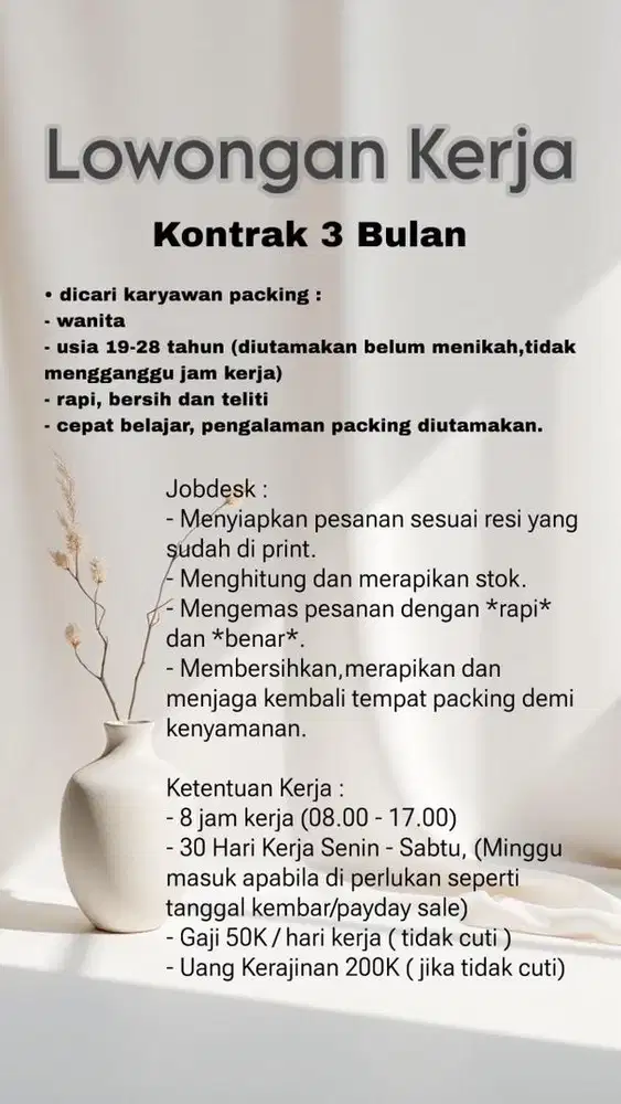 Lowongan Kerja 3 Bulan untuk WANITA