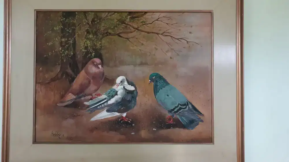 Lukisan kanvas kuno 3 Burung warna karya Bobby A