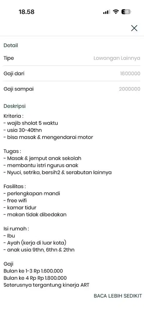 Dibutuhkan segera ART nginap wilayah Bekasi